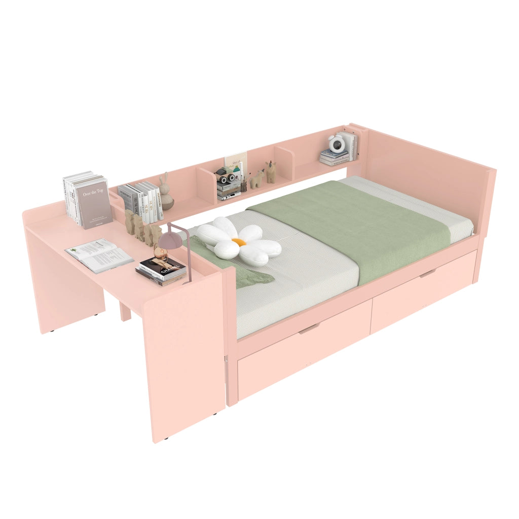 Letto basso con scrivania in pino e truciolare 90x200 cm