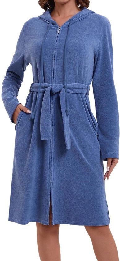 Pantaloni da bagno per donne con cappuccio e chiusura a slitta in cotone con cinturino e maniche lunghe e microfibra soffice in denim blu Dimensioni: XL