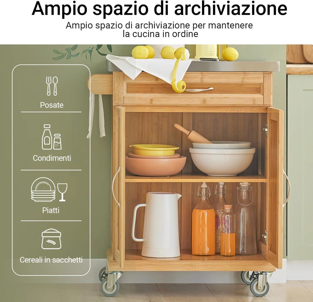 Carrello cucina con ruote, piano in acciaio inox, mobile cucina salvaspazio in bambù, isola cucina moderna – Ideale per cucina, sala da pranzo o ristorazione – 66x92x46 cm, FKW13-N