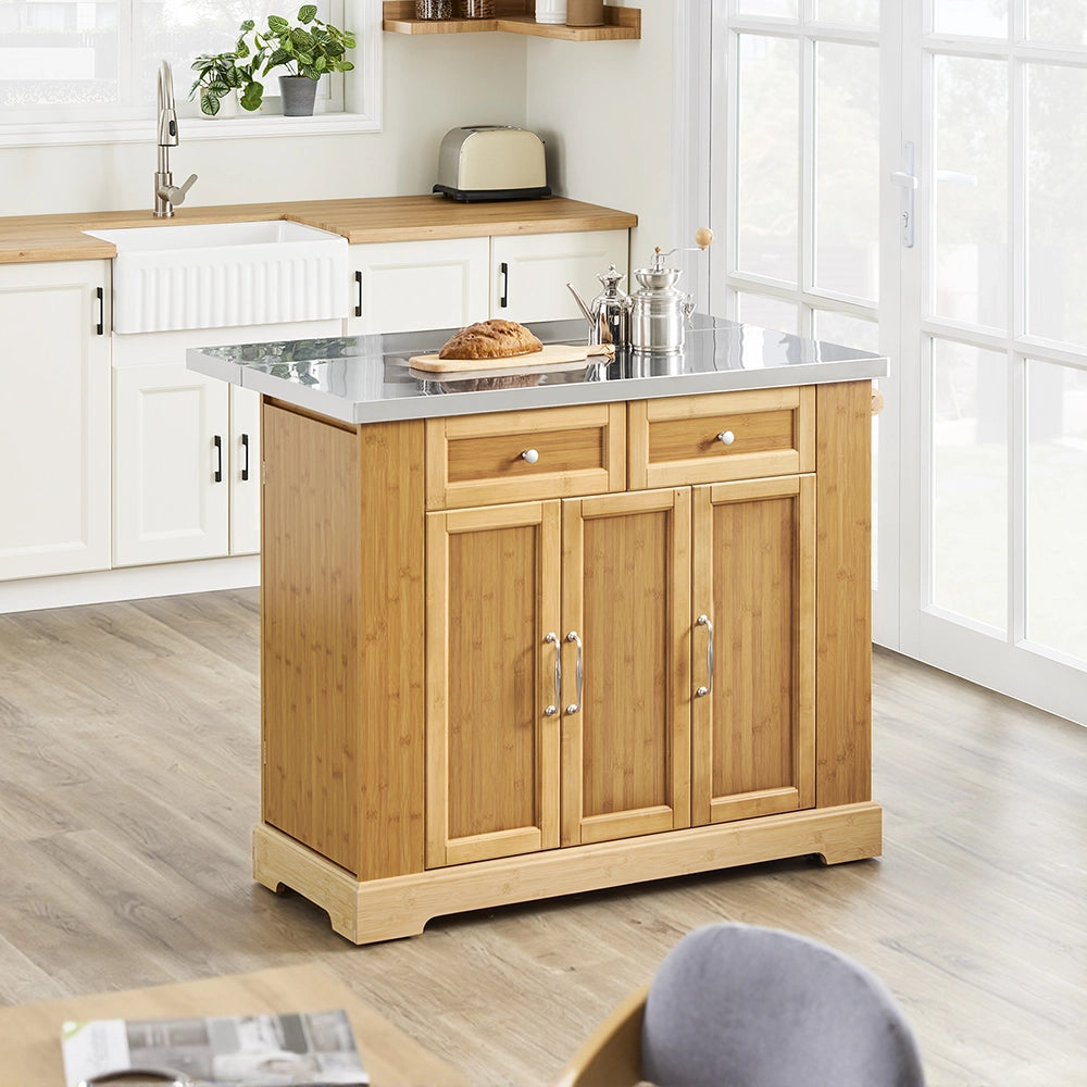 SoBuy Isola Cucina su Ruote con Piano di Lavoro Estendibile, Mobiletto Salvaspazio, Carrello da Cucina con Ruote, con Due Cassetti e Ripiano Regolabile Naturale 107x(46–71) x92,5 cm FKW130-N