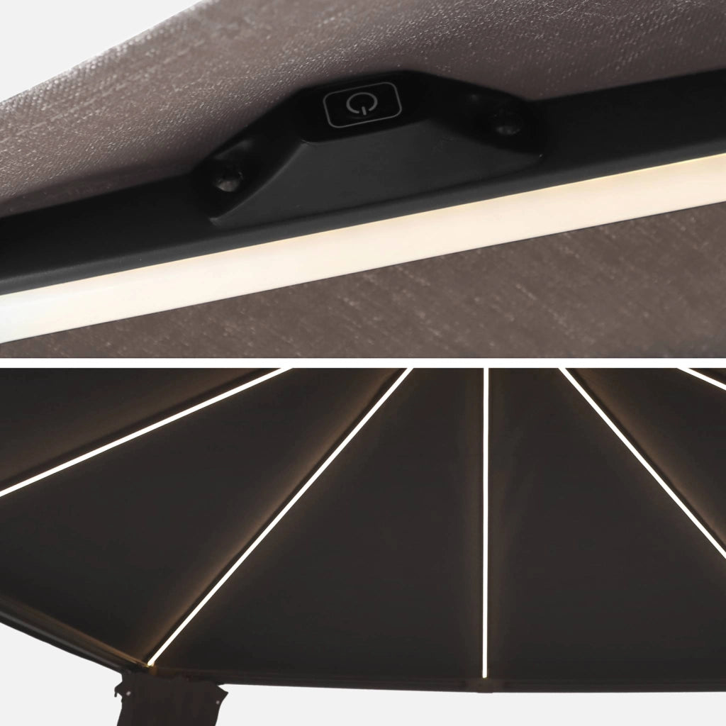 Gazebo da giardino 3x4m in alluminio effetto legno con tende e led,
