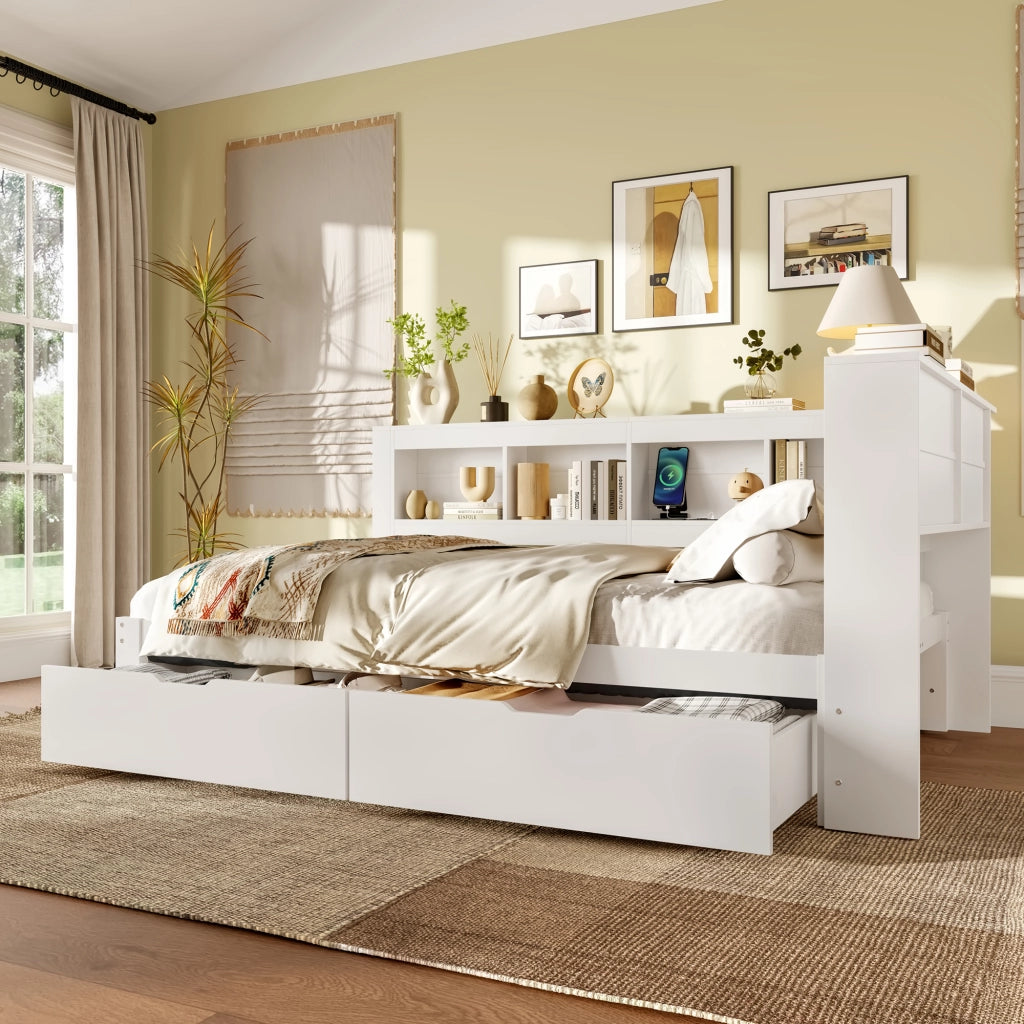 Letto a Divanetto 140x200 cm con Prese; 2 Porte USB; 2 Cassetti; in MDF e Pino; Bianco