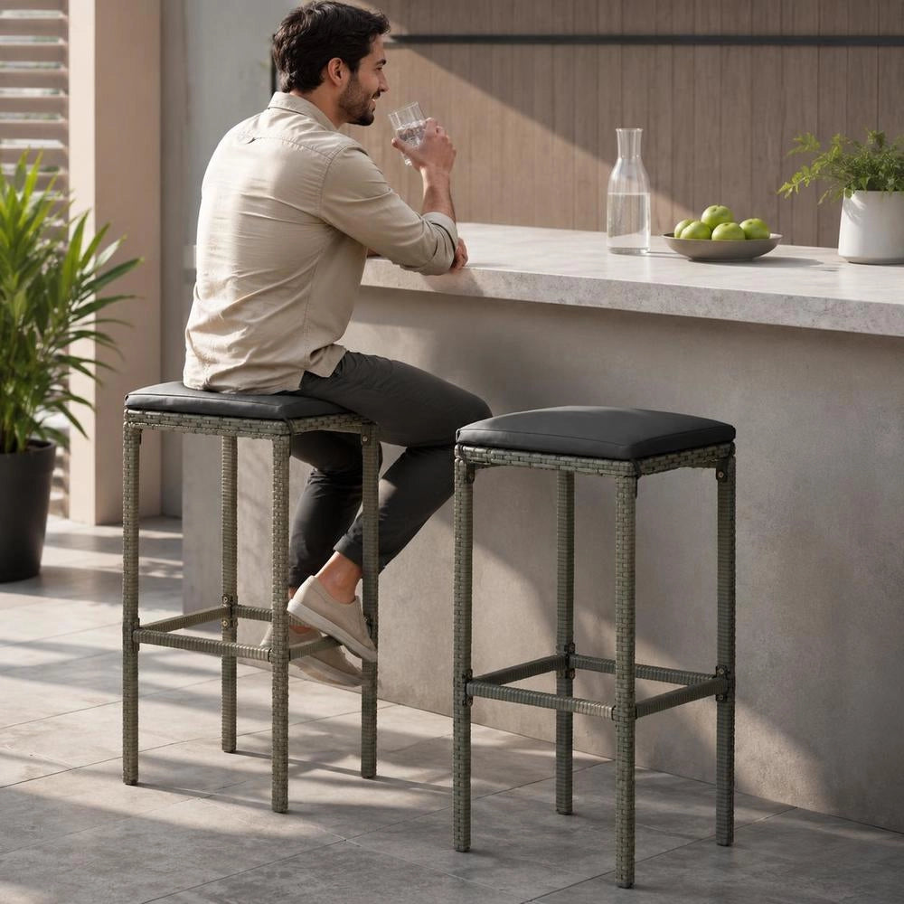 Bar Stools With Cushions, 2 Pieces, Grey Poly Rattan
