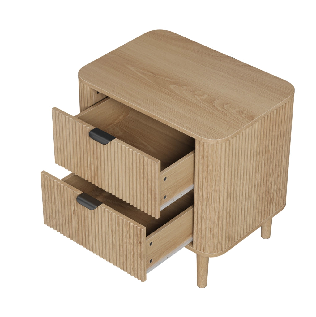 Comodino in MDF effetto rovere con 2 cassetti e frontali scanalati