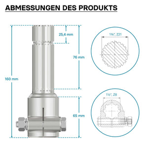 Boccola albero cardanico 160mm Attacco scanalato 8-32x38x6 per albero uscita 1 3/8" 21D Trattore