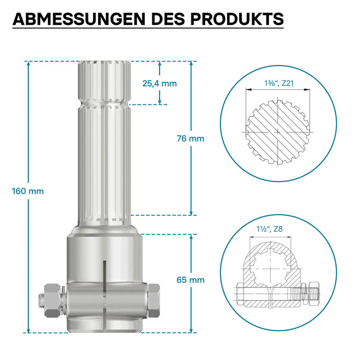 Boccola albero cardanico 160mm Attacco scanalato 8-32x38x6 per albero uscita 1 3/8" 21D Trattore