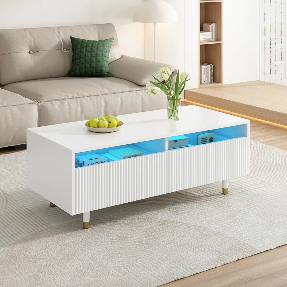 Tavolino-Xylo-Piano ondulato LED piedi bianco dorato 2 cassetti