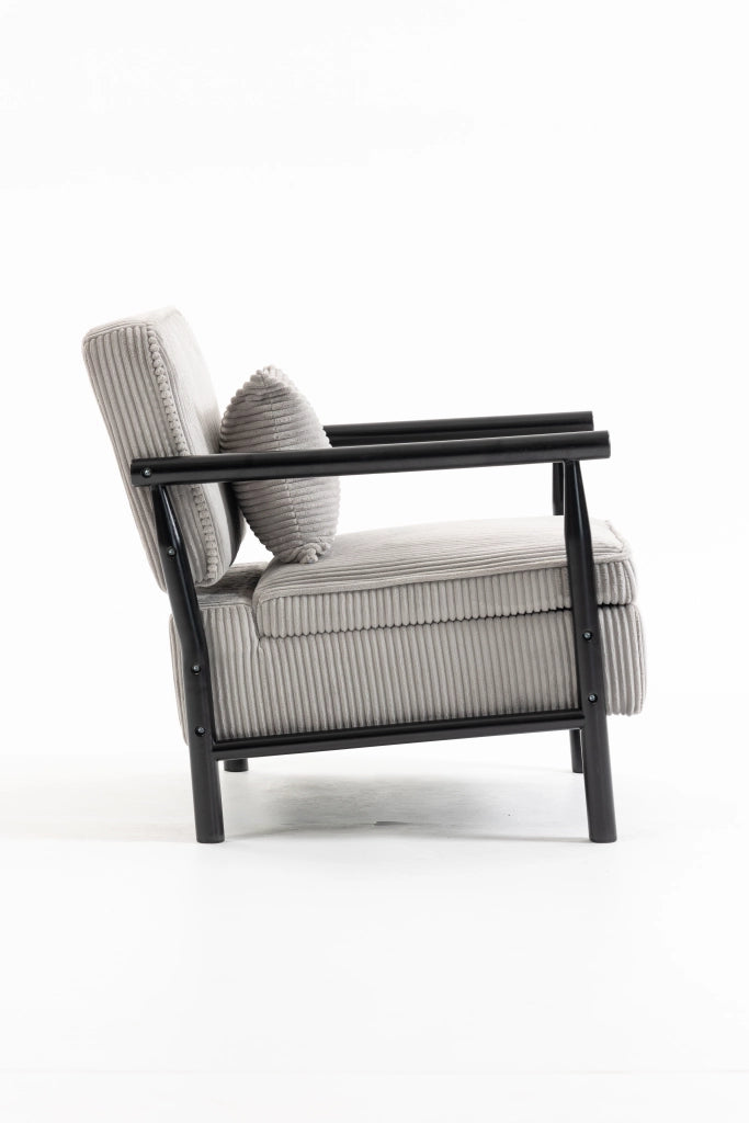 Poltrona contenitore in velluto grigio chiaro con struttura in legno e cuscino lombare