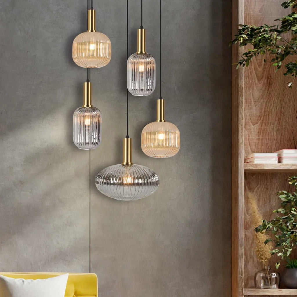 LÚZETE - LAMPADA DA SOFFITTO 5 LUCI COMBINATE PARALUMI AMBRA/FUMÉ Ø70 E27 SHELBY