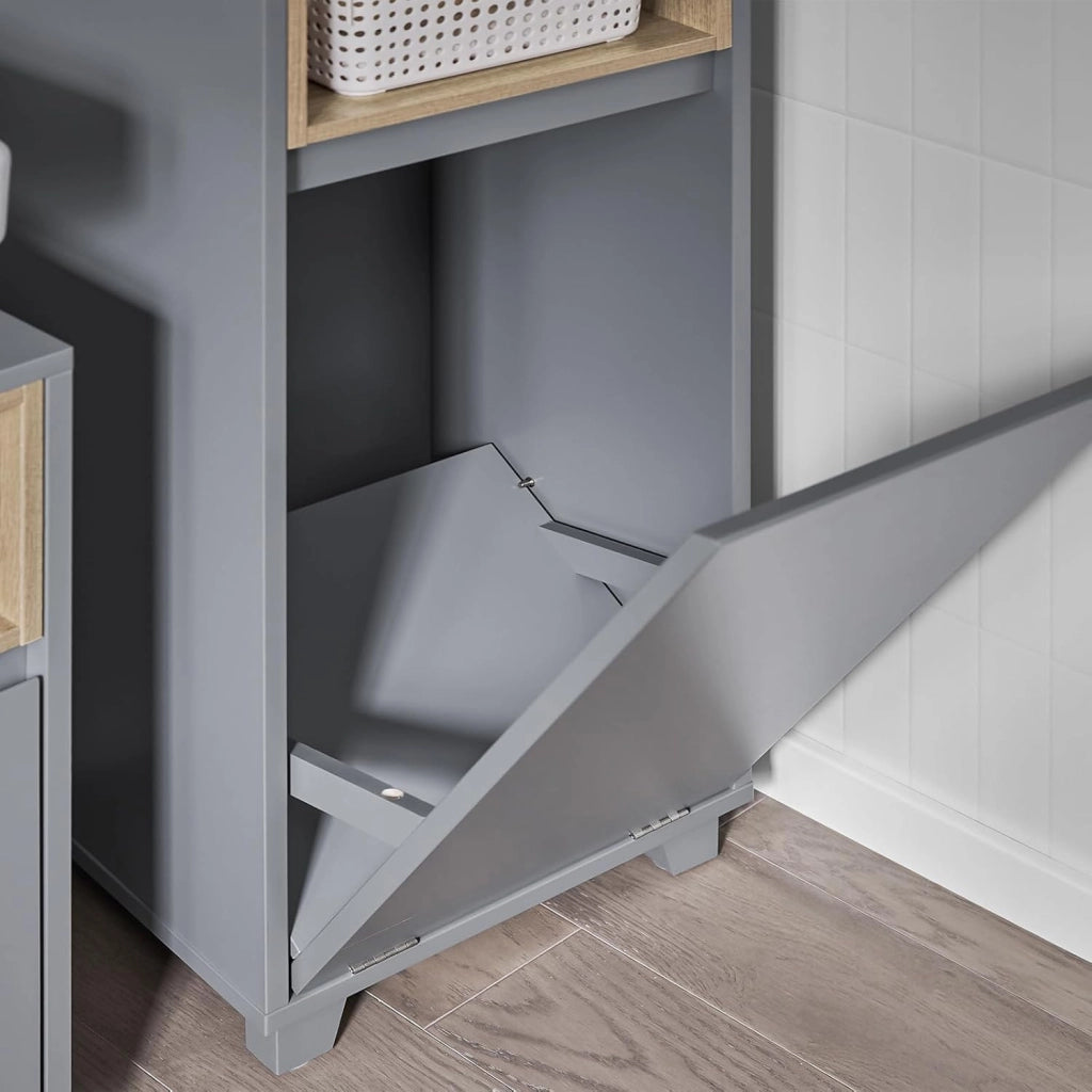 Mobile Bagno con Sacco Portabiancheria a Ribalta – Mobiletto Bagno Stretto con 2 Ripiani, Cesto Portabiancheria – Cesta per la Biancheria per Lavanderia, Grigio Scuro, 35x105x30cm BZR146-DG