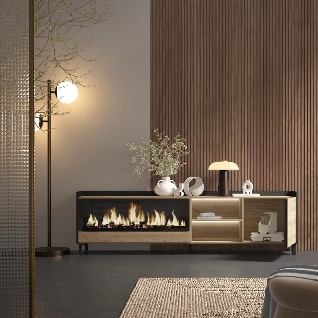 Mobile TV Soggiorno, 212x61x35 cm, Per TV fino a 80", Camino elettrico XXL, Design industriale, LED, Rovere e nero