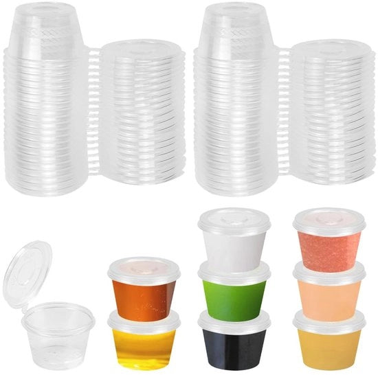 Buste di conservazione per alimenti con coperchi, piccole buste alimentari da 1 oz, contenitori di 25 ml per salse e condimenti, piccoli contenitori in plastica per salse, dip e spezie, resistente ai magnetron, 100 pezzi.