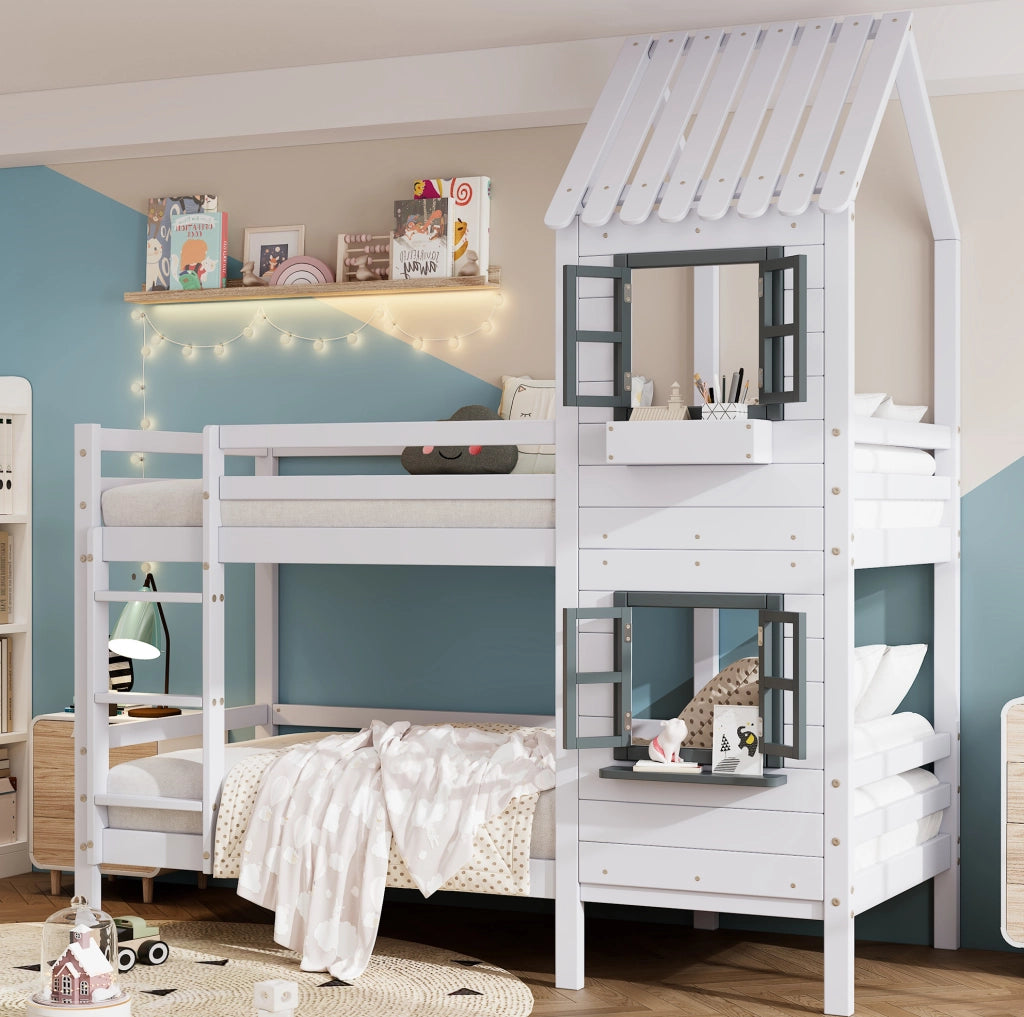 Letto a castello a casetta 90x200 cm bianco e grigio