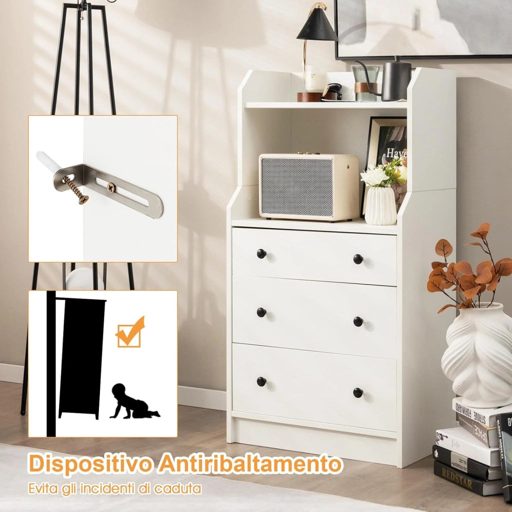 Comò a 3 Cassetti con Mensole, Organizzatore di Stoccaggio Multiuso, Cassettiera Moderna con Dispositivo Anti-Ribaltamento per Soggiorno Camera da Letto Ingresso, 58 x 36 x 111 cm