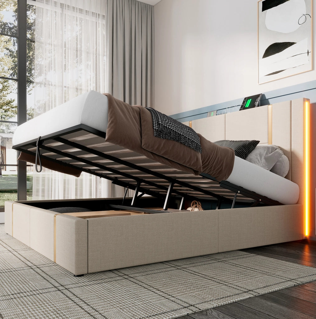 Letto matrimoniale imbottito 180x200 cm beige in lino con LED RGB; USB e Type-C; contenitore