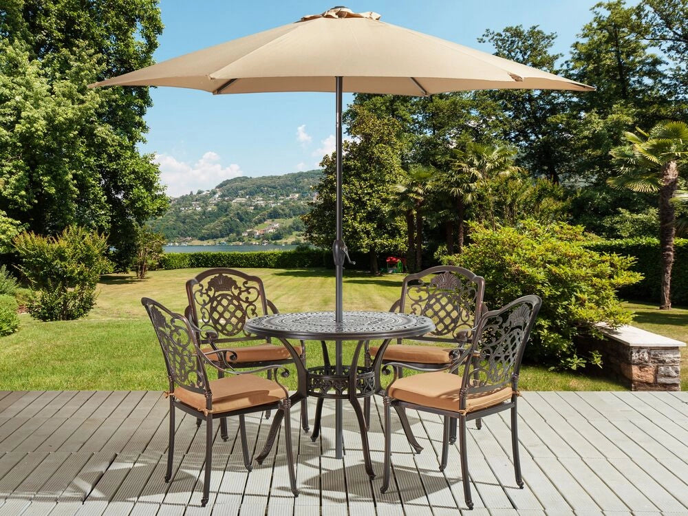 Set da pranzo da giardino Tavolo da esterno in alluminio marrone 4 sedie e ombrellone Cuscini di seduta in stile retrò