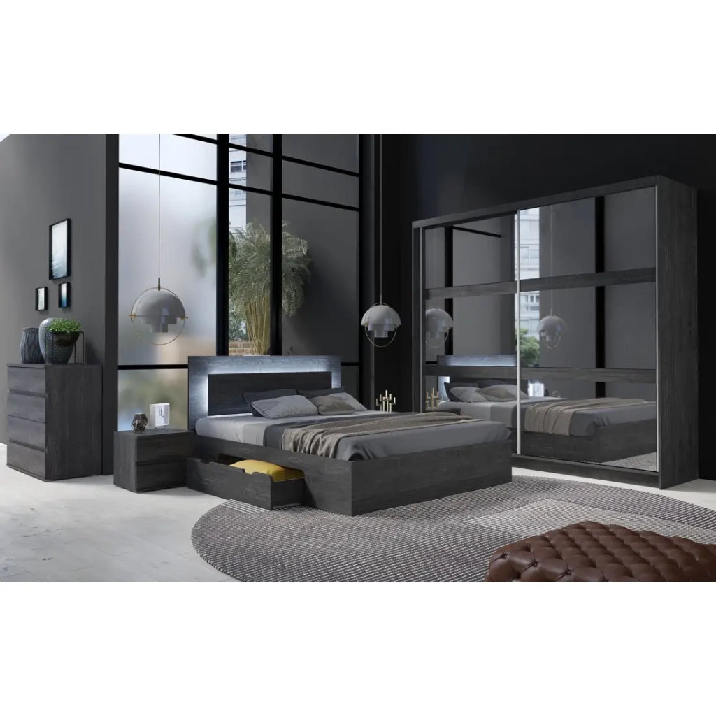 Camera completa VELTIS - Letto 180x200 LED con doghe + armadio + cassettiera + comodini - Frassino nero