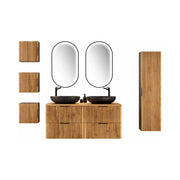 Set KINOKO : mobili sotto lavabo + 2 lavabi neri rotondi da appoggio + 2 specchi LED + mobili contenitori