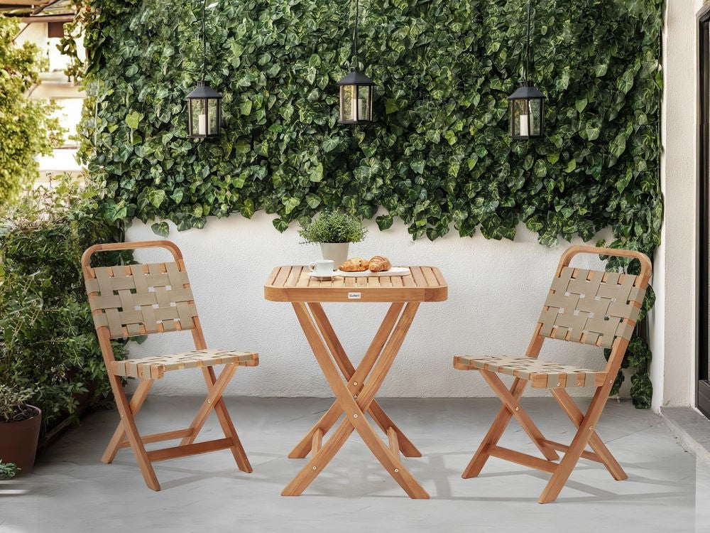 Set da balcone 3 pezzi marrone in legno di acacia massiccio certificato 2 sedie e tavolo da tè pieghevole a doghe