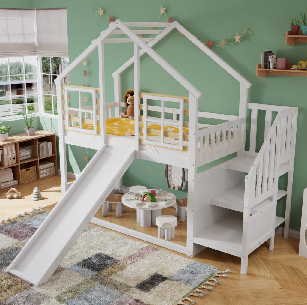 Letto a castello per bambini con scivolo, scala e finestre 90x200 cm
