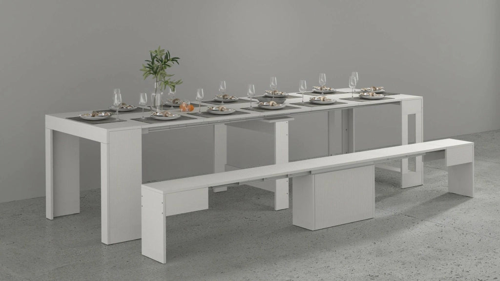 Set tavolo e sedie Badesi, Composizione multiuso, Set con consolle e 1 panca allungabili, 100% Made in Italy, 66x25h45 cm, Bianco