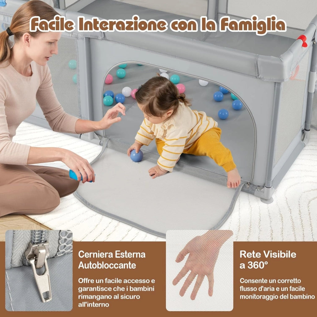Box Bambini 190 x 160 cm, Recinto Pieghevole Bambini con Canestro da Basket, 2 Porte da Calcio, 50 Palline e 4 Anelli, Centro Attività con Borsa Trasporto per Neonati 0-3 Anni