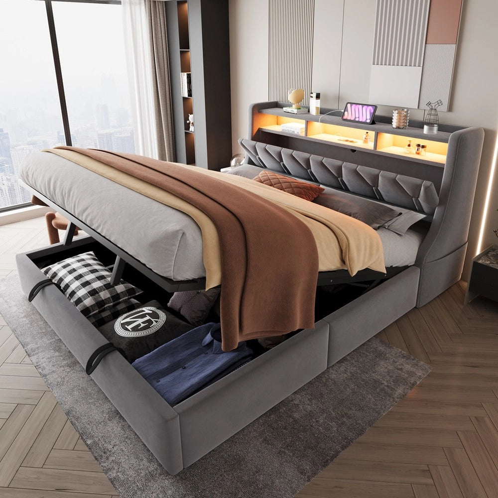 Letto Imbottito Contenitore 180x200 ¨C MINIMAL ¨C Velluto Grigio, LED, Idraulico, Testiera con Presa