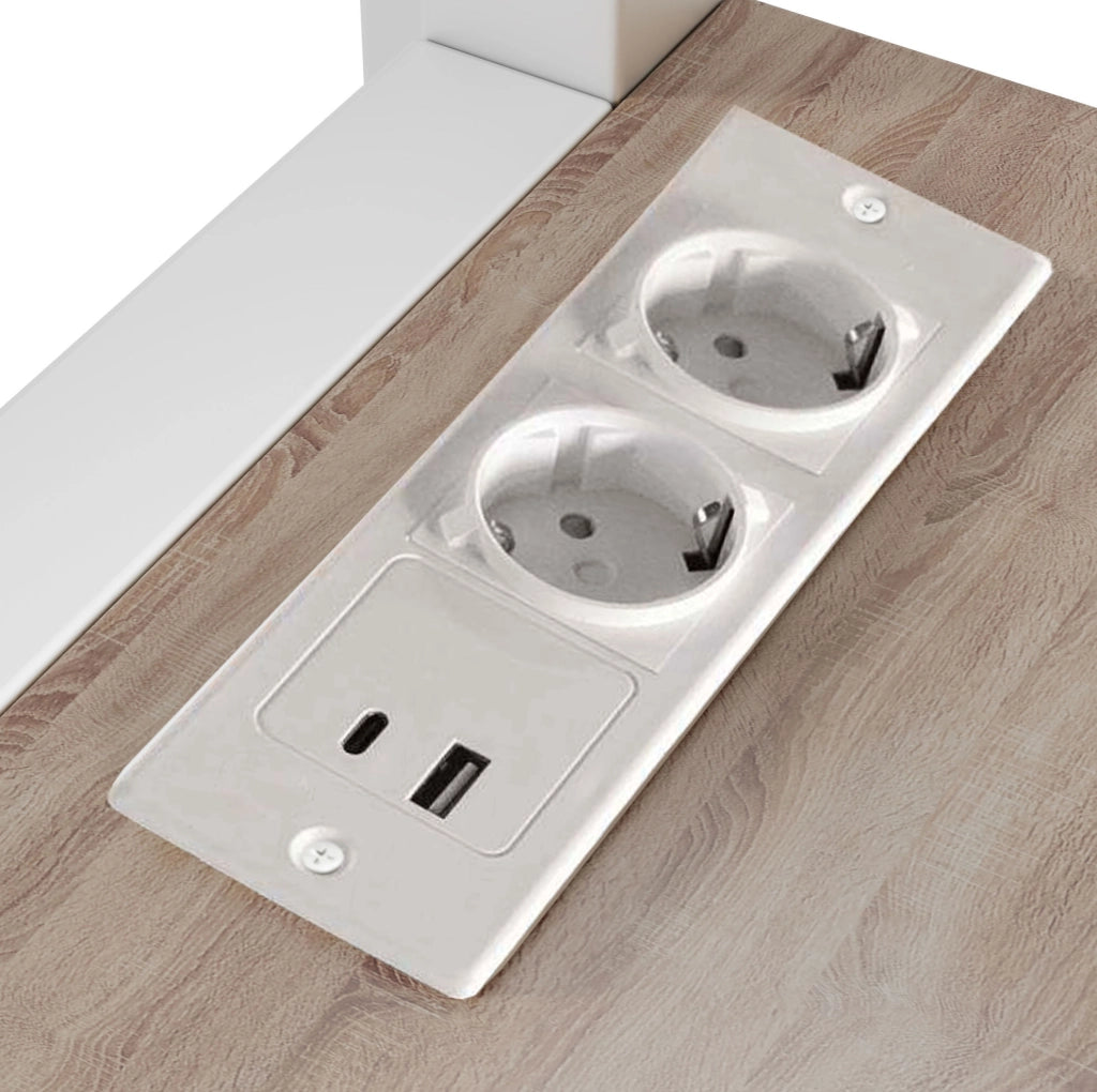 Letto a soppalco ULEVR 140x200 cm con scrivania, ripiani, presa USB e Type-C, metallo bianco