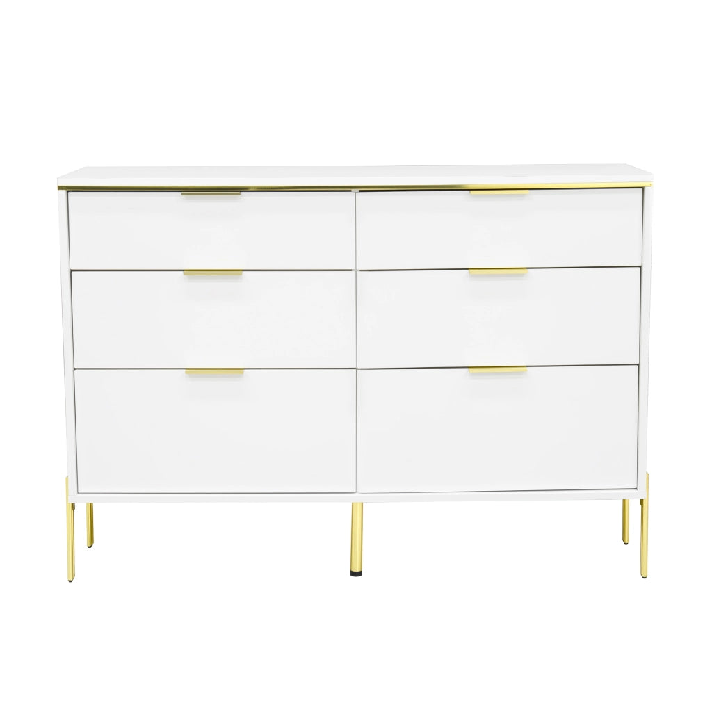 Credenza con 6 Cassetti e Maniglie Dorate; Frontali Lucidi; Stile Moderno; in Pannello Truciolare; Bianco; 120??40??85;5 cm