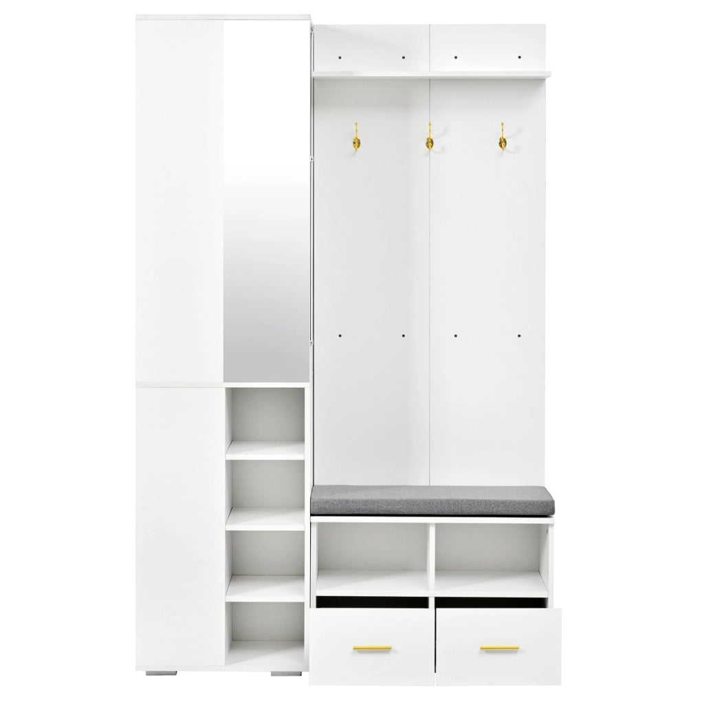 Mobile ingresso con specchio; barra appendiabiti; panca e 2 cassetti; bianco; 120x35x190 cm