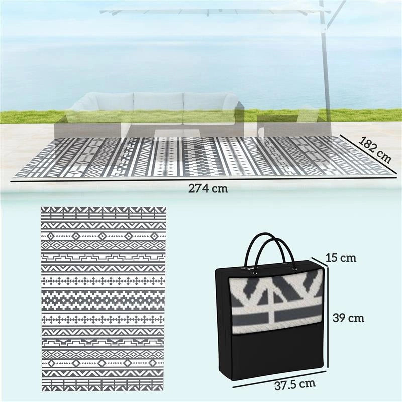 TAPPETO DA ESTERNO REVERSIBILE CON MOTIVO GEOMETRICO E BORSA INCLUSA 182X274 CM GRIGIO E BIANCO