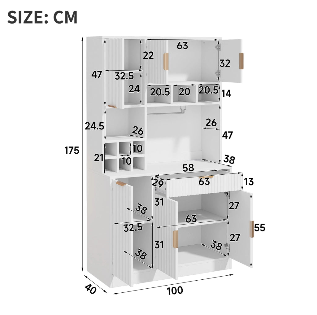 Credenza 100x40x175 cm con ripiani regolabili; prese integrate; portabicchieri e portabottiglie in pannello truciolare bianco
