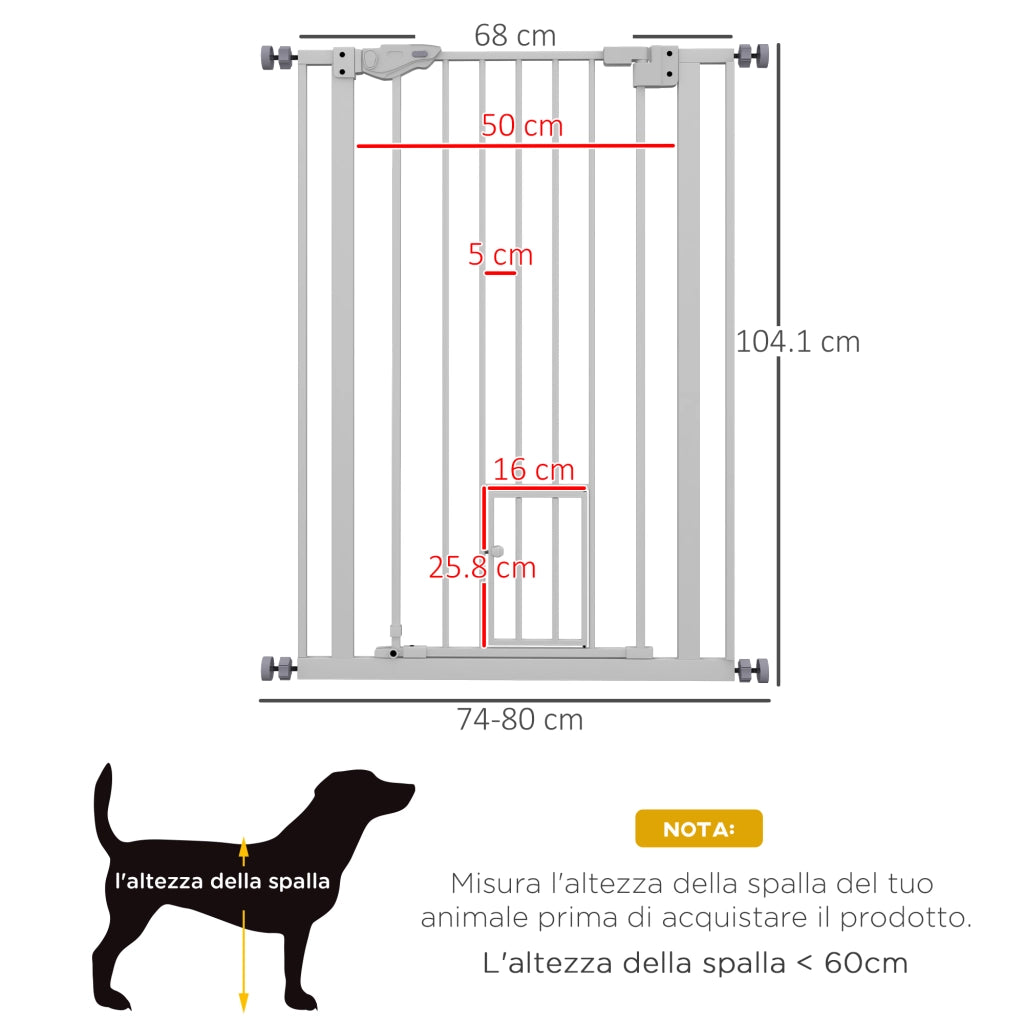 Cancellino per Cani Regolabile Alto con Porta Piccola e Chiusura Automatica, 74-80x104cm, Bianco