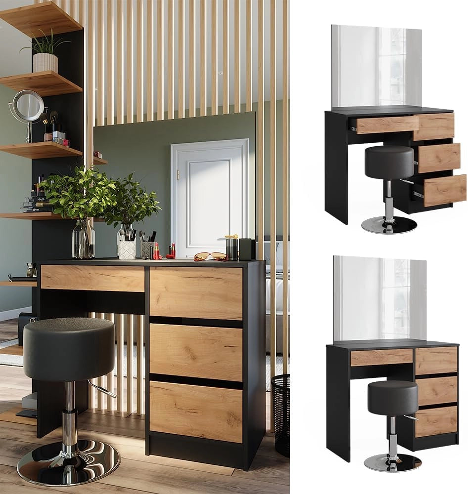 Tavolo da toilette Sherry, Antracite/quercia dorata, 90 x 75 cm con specchio e sgabello, con panca e grande specchio per un utilizzo versatile