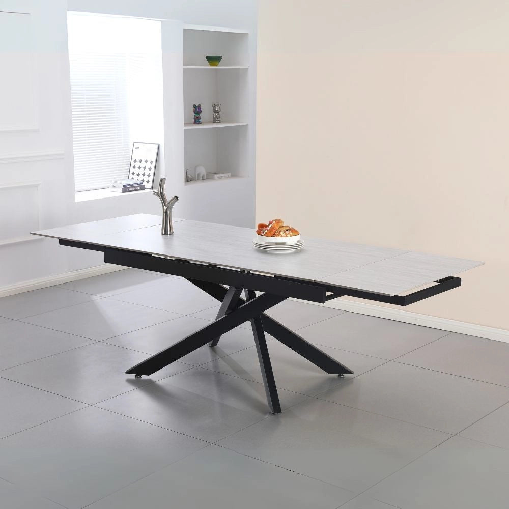 Tavolo allungabile Trivia con piano in ceramica larice beige e gambe in metallo nero 160x90x75.5H