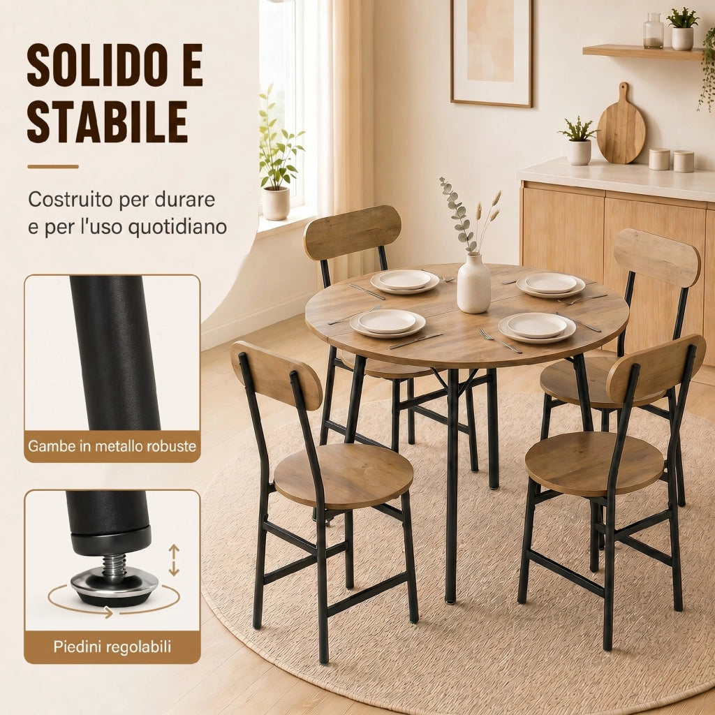 Set Pranzo 5 Pezzi Tavolo Ø100x77 cm e 4 Sedie 42x52x88 cm con Gambe Metallo Color Legno