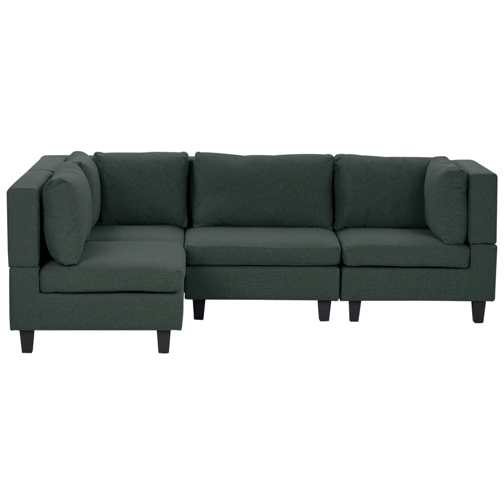 Divano componibile a 4 posti imbottito in tessuto verde scuro gambe nere lato destro con ottomana stile moderno