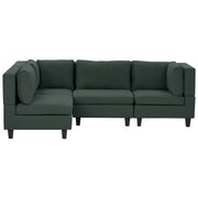 Divano componibile a 4 posti imbottito in tessuto verde scuro gambe nere lato destro con ottomana stile moderno