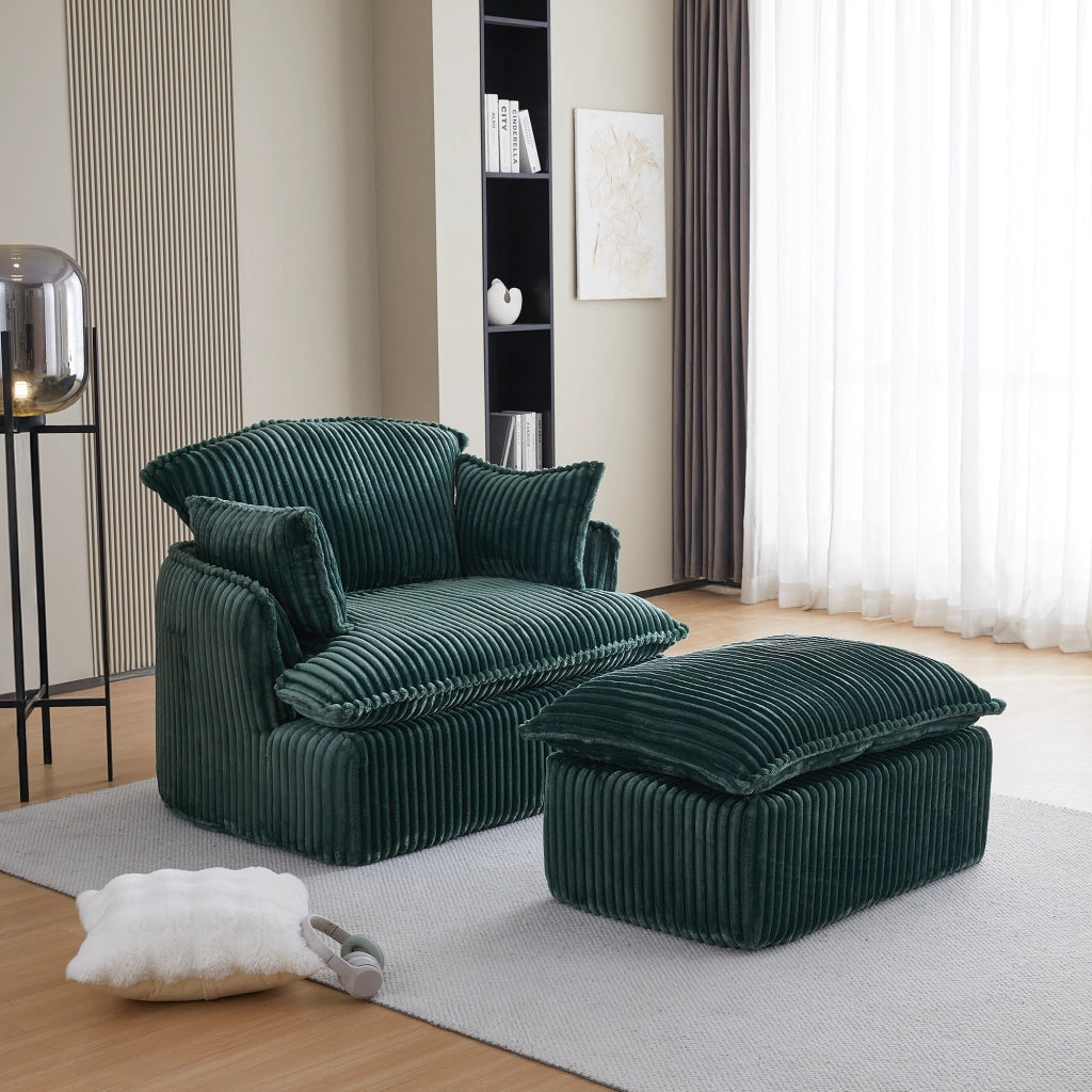 Poltrona con pouf per relax, con seduta in schiuma ad alta densità e cuscini, in flanella verde