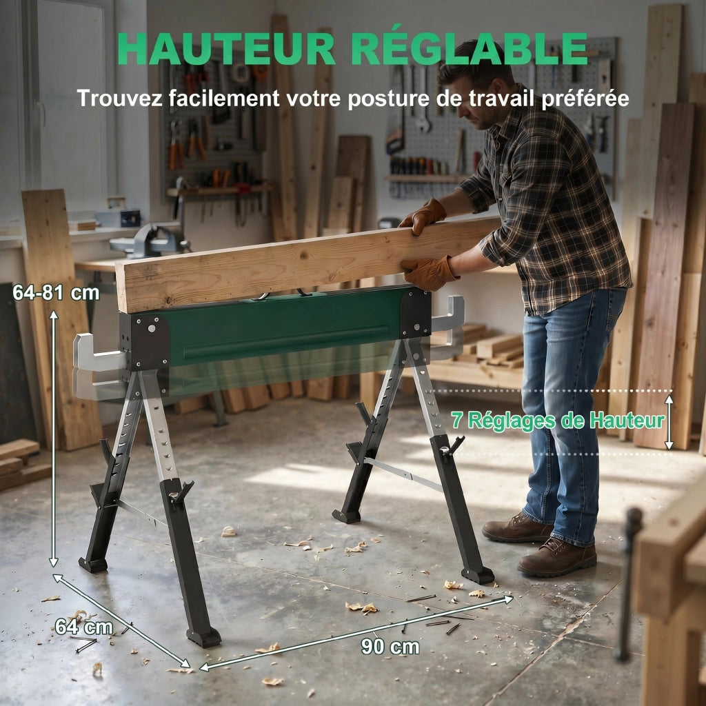 Coppia di Cavalletti Pieghevoli in Metallo ¨C Xylo ¨C Portata 1160kg, Altezza Regolabile 64-81cm, Verde