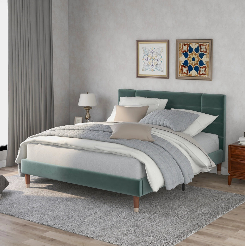Letto matrimoniale 140x200 cm in velluto verde con rete a doghe e materasso 7 zone