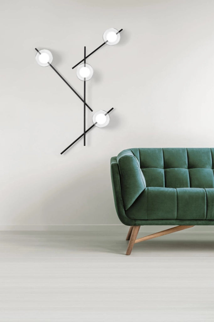 MIKADO LAMPADA DA PARETE O SOFFITTO CON ROTAZIONE 4 LUCI VETRO COSMO IN METALLO NERO D.12CM ATTACCO G9