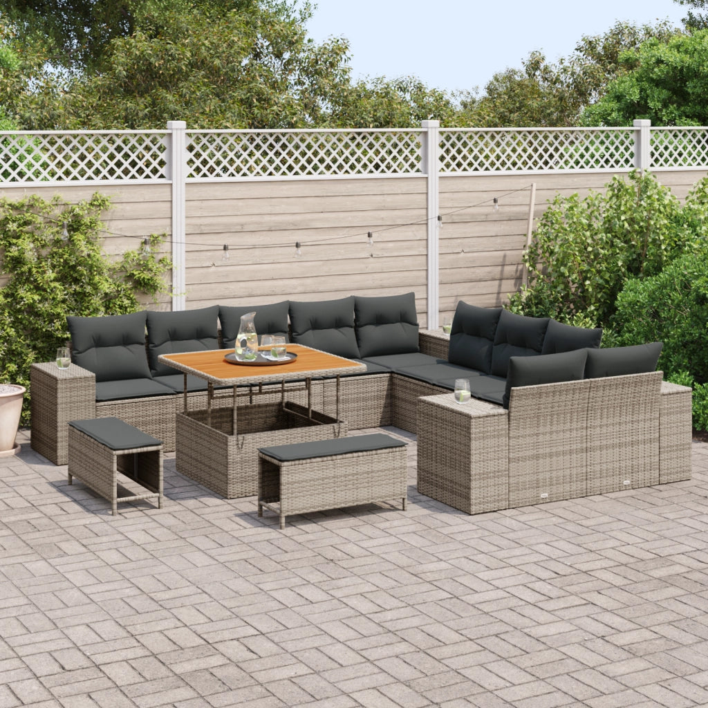 Set Divani da Giardino 13 Pezzi con Cuscini Grigio Polyrattan Acacia