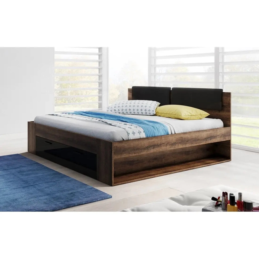 Letto adulto 140x200 con cassetti integrati - Collezione FLOYD. Colore rovere scuro e nero.