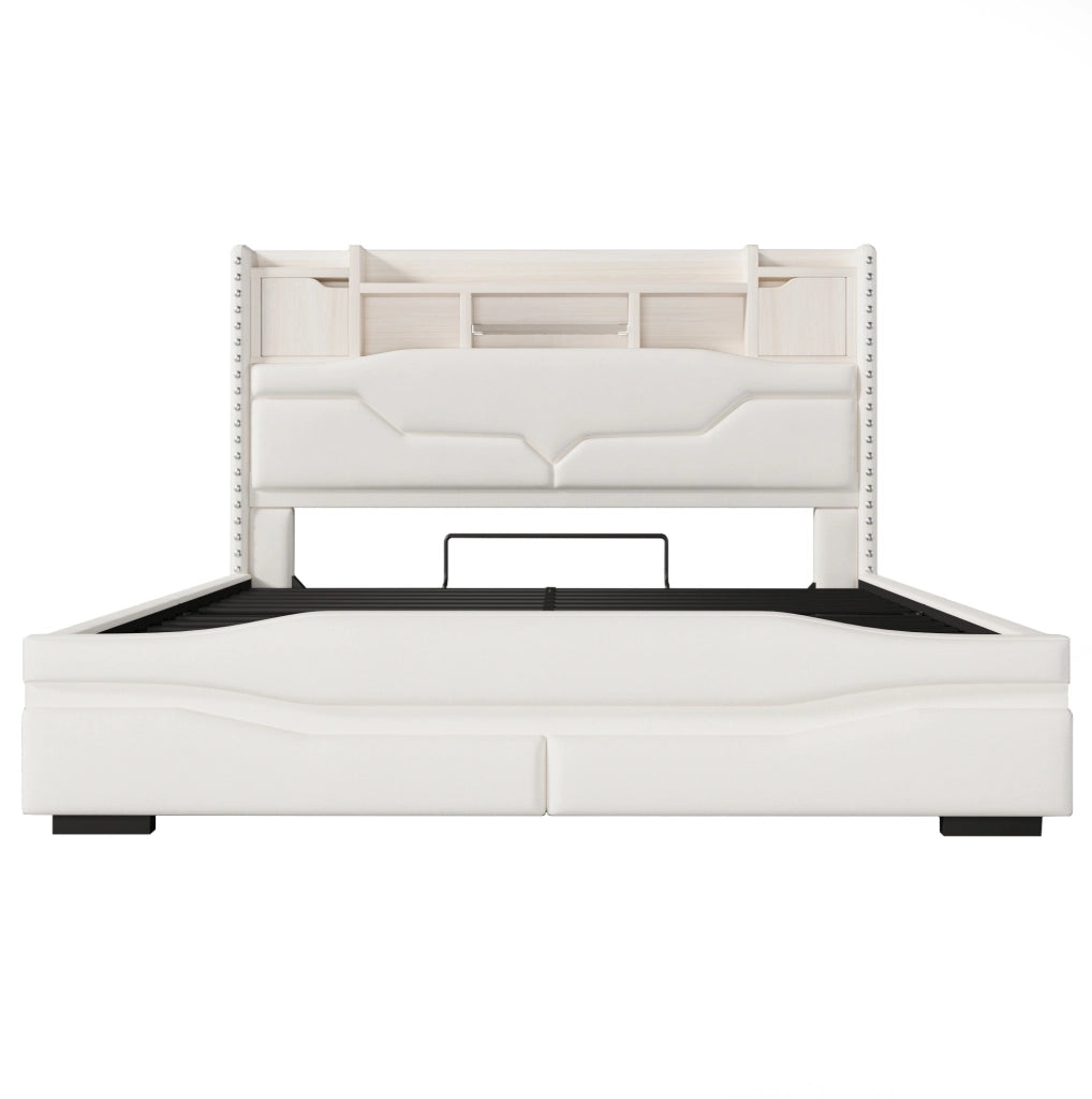 Letto imbottito 160x200 cm con contenitore e LED; prese USB e Tipo-C in lino beige