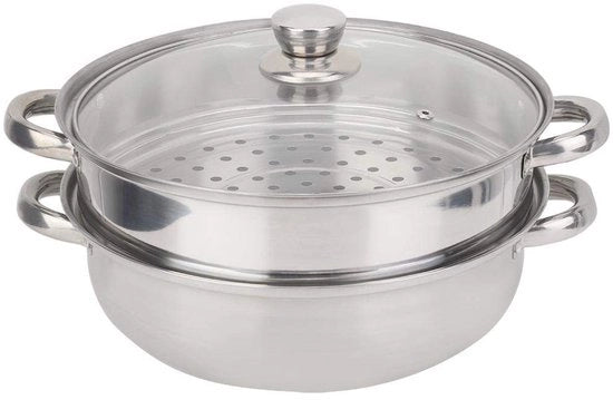 Piastra di cottura a vapore 2 strati - Acciaio inossidabile - Cottura a vapore - 27 cm - Doppio contenitore - Pentola a vapore per zuppe - Adatto per forno a gas - Cestello a vapore