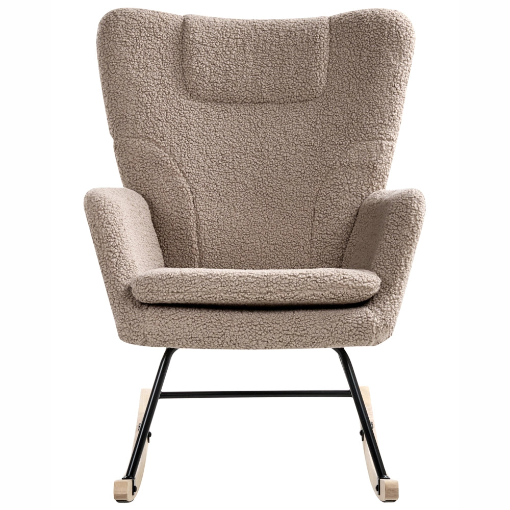Sedia a dondolo Tessuto bouclé tortora Rivestimento in legno Gambe Pattini Nursery Soggiorno Cottage Scandinavo