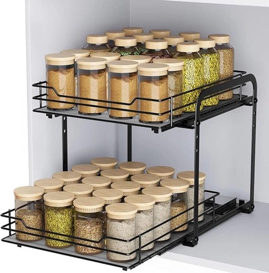 Organizzatore estensibile per armadi, griglie per spezie, griglia per spezie 2 livelli, organizzatore per griglie per spezie regolabile in altezza per armadi, mensola per sopra armadio per interni, griglia per spezie robusta in metallo L26,2 x B22,8 x