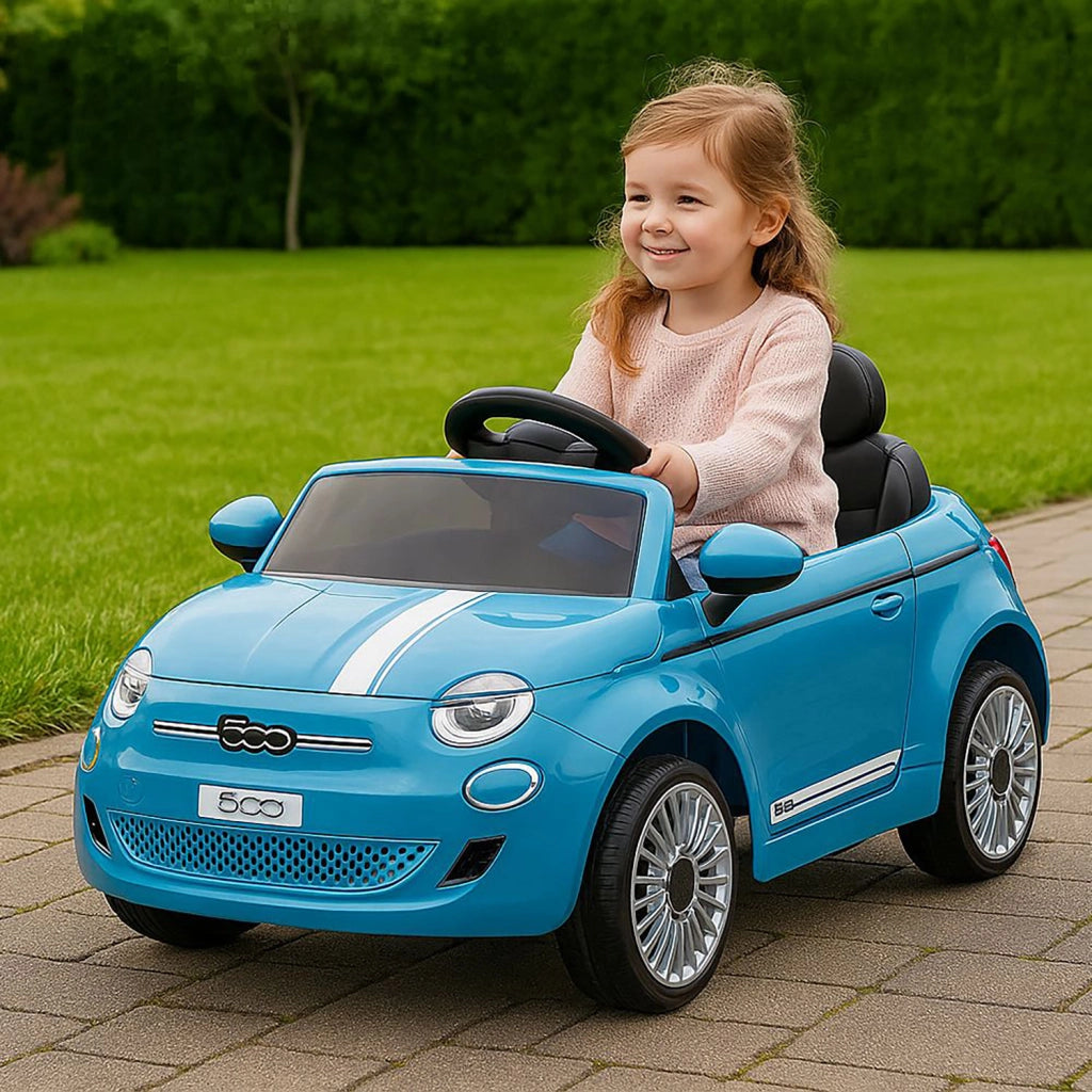 Macchina Elettrica per Bambini Fiat 500 12V 30W con Telecomando Luci e Suoni Blu