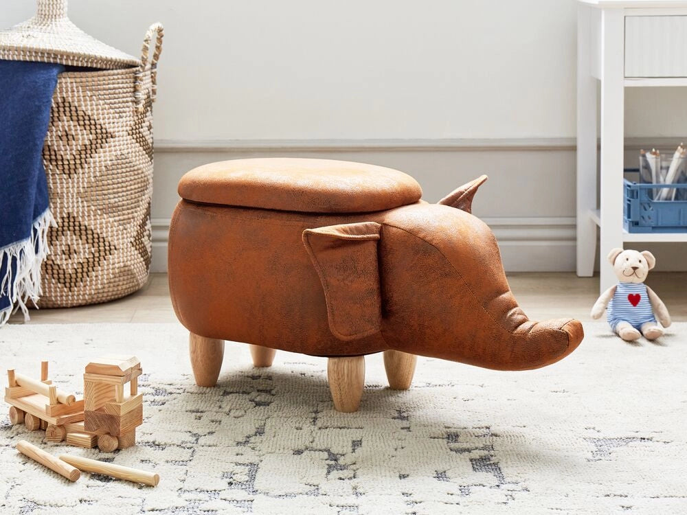 Sgabello per bambini Animale Elefante con contenitore in ecopelle marrone gambe in legno Poggiapiedi per la scuola materna